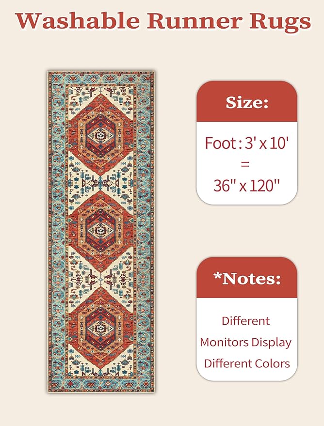 SERISSA Runner Rug for Hallways, 3x10 Washable Non Slip Kitchen Runner Rug, Long Boho Rug Vintage Orange Hallway Stair Ultra Soft Print Floor Carpet for Bedroom Bathroom Laundry Room