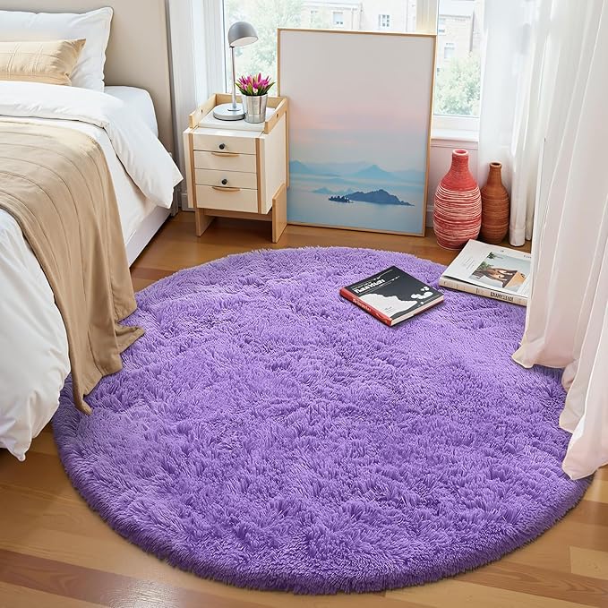 OLANLY Purple Round Rugs for Bedroom - Machine Washable, 4 ft Circle Area Rugs for Living Room, Soft and Fluffy Shaggy Carpet for Teen Girls and Boys, Nursery Rooms, Dorms, Home Decor Aesthetic
