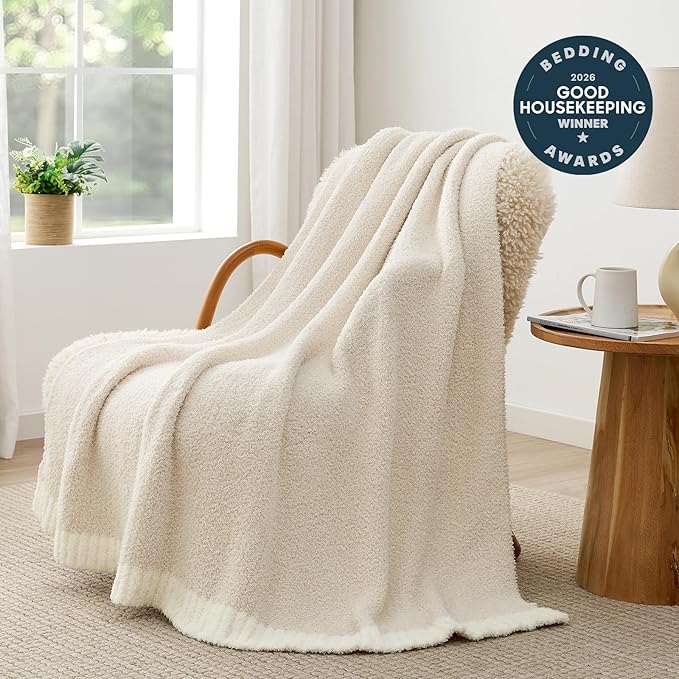 Snuggle Sac Heather Throw Blanket for Couch, Reversible Super Soft Blankets Warm Cozy Knit Fuzzy Plush Lightweight for Sofa, Bed, Camping, Picnic (Heather Ivory, Throw-XL(50"x 70"))