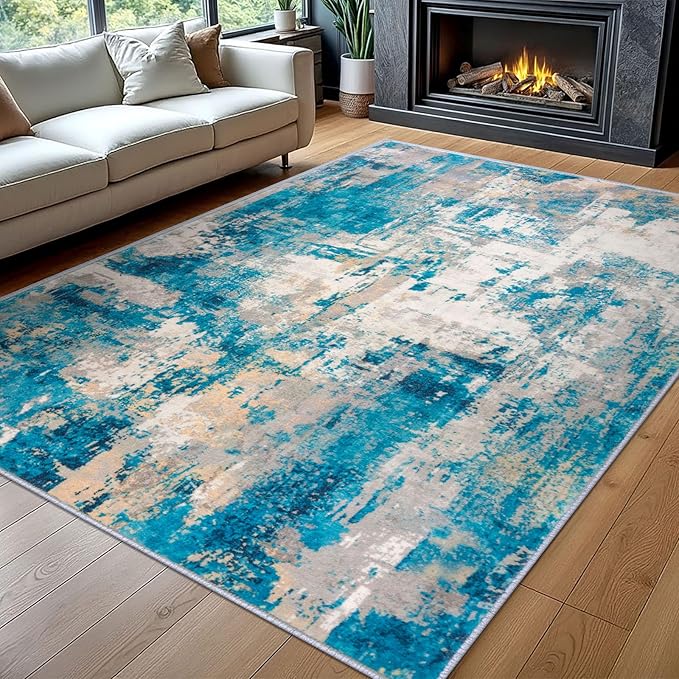 KOZYFLY Modern Abstract Area Rugs 8x10 Turquoise/Beige/Grey/Yellow Machine Washable Thin Rug for Bedroom Non-Slip Living Room Rug, Faux Wool Soft Low Pile Carpet for Dining Room, Bedroom, Bathroom