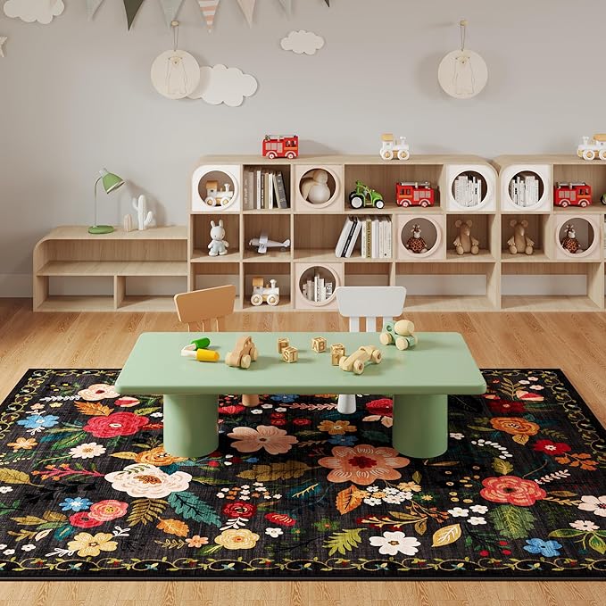 Rugcomf Area Rugs 9x12 Living Room Clearance Washable Boho Rug Non Slip Floral Vintage Low Pile Large Rug for Living Room, Bedroom, Farmhouse, Dining Room, Kids Playroom(Black)