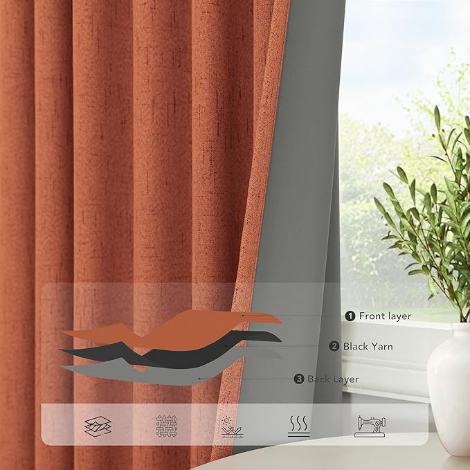 Terracotta Blackout Curtains 84 Inch Length 2 Panel Set for Fall Living Room Linen Textured Boho Black Out Western Curtains for Bedroom Darkening Thermal Insulated Drapes Rust Burnt Orange 52x84 Long