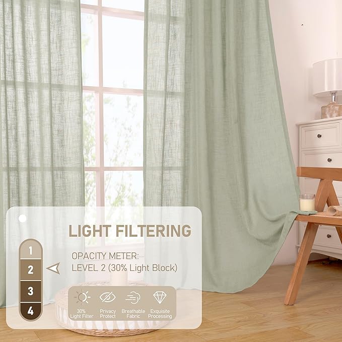 LAMIT Sage Grey Sheer Linen Curtains 63 Inch for Bedroom, Light Filtering Neutral Semi Sheer Farmhouse Boho Curtains Back Tab and Rod Pocket Living Room Panels, 2 Panels, 52 x 63 Inch