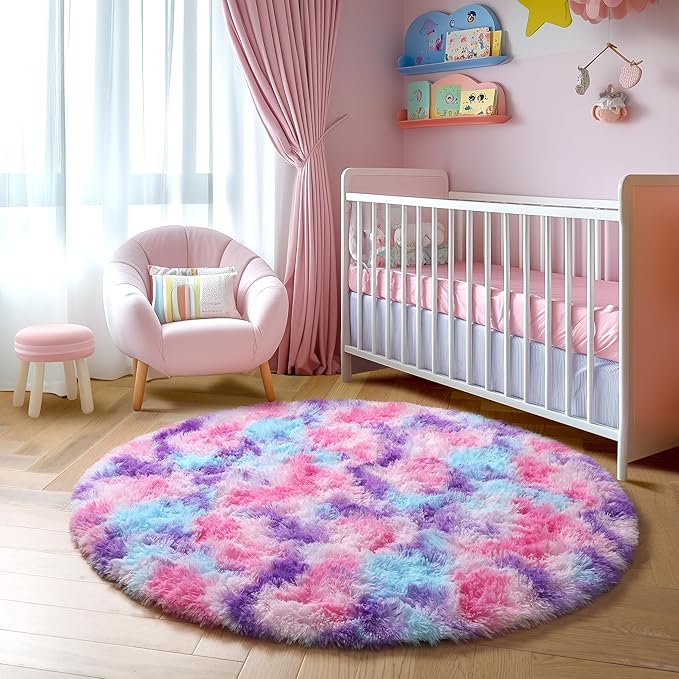 Amdrebio Hot Pink Rainbow Round Circle Area Rug 5Ft for Girls Bedroom, Fluffy Cute Fuzzy Colorful Pastel Kids Rugs for Nursery Playroom Classroom, Unicorn Shag Princess Carpet for Baby Toddler Teen