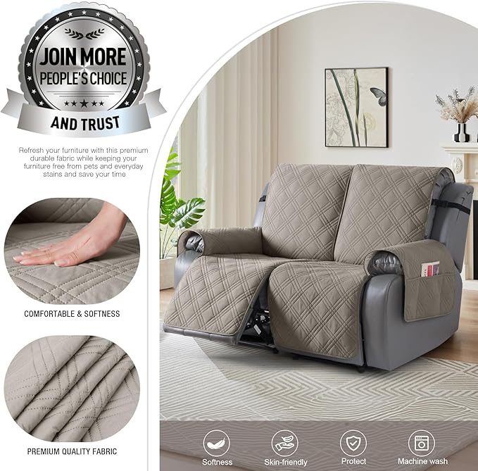 TAOCOCO 100% Waterproof Oversized Loveseat Recliner Cover, Non Slip Split Couch Covers for Reclining Loveseat with Elastic Straps for Kids Pets(Oversized 2 Seater, Light Browm)