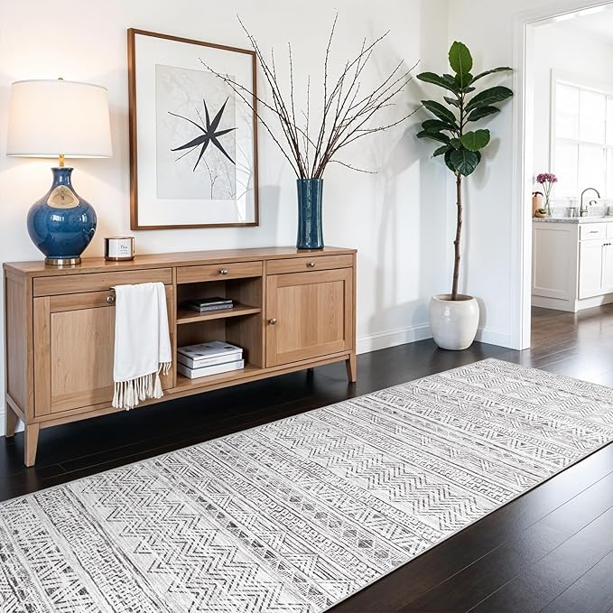 3x6 Washable Hallway Runner Rug - Moroccan Non-Slip Long Runners for Entryway Soft Modern Geometric Low-Pile Rugs for Kitchen Waterproof Neutral Carpet for Bedroom Bathroom Laundry 3x6 Grey