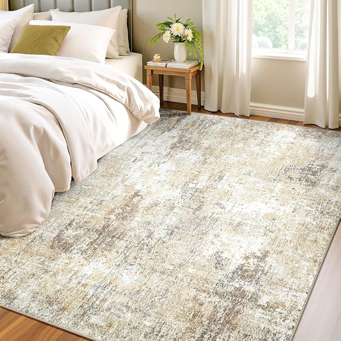 Washable Area Rugs 4'x6' Non-Slip Modern Abstract Soft for Living Room Entryway Bedroom Nursery, Print Pattern, Neutral Brown Gray