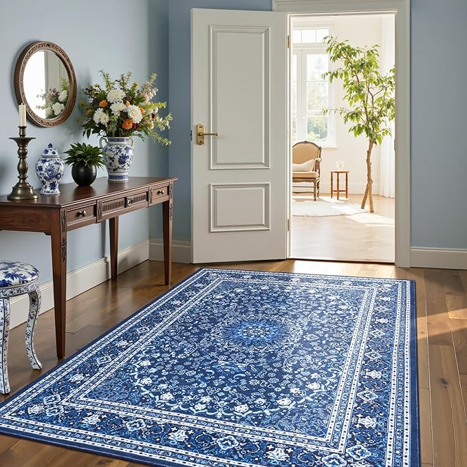 Lofus 5x7 Area Rugs for Living Room, Machine Washable Non-Slip Area Rug, Low Pile Large Rugs for Bedroom, Kitchen, Dining Room, Home Office, Vintage Oriental Print Rug, Dark Blue with White