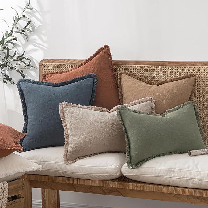 MIULEE Decorative Throw Pillow Covers Neutral Linen Fringe Throw Pillows Set of 2 Natural Linen Boho Farmhouse Cushion Covers with Tassels for Couch Sofa Bed Spring Home Decor 26x26 Inch