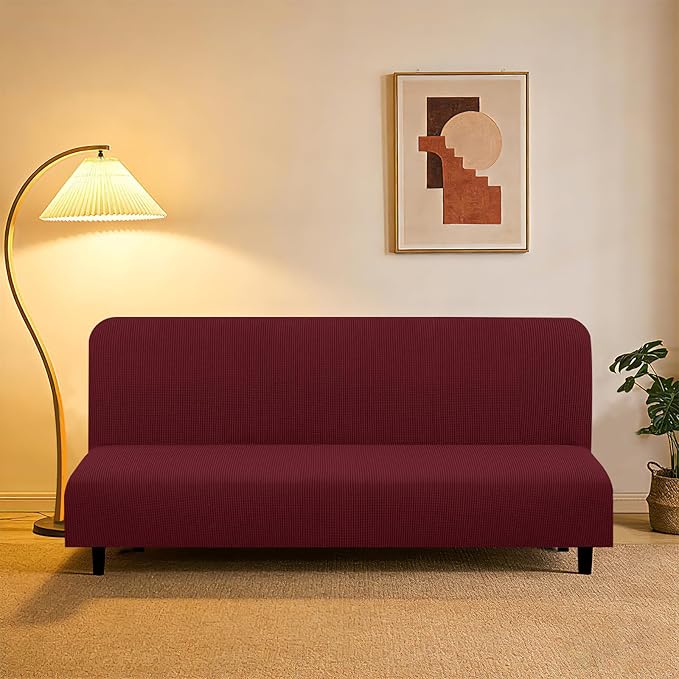 U-NICE HOME Stretch Futon Cover Armless Bed Slipcover - Soft Jacquard Fabric Washable for Pet Friendly, Burgundy