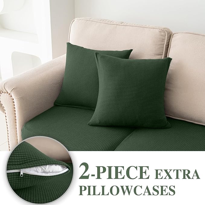 Couch Cushion Covers for Sectional Sofa L Shape Washable Separate Seat Chaise Couch Cover Stretch Sofa Slipcovers with 2 Pcs Pillowcases(2 Seater + 1 Chaise, Green)