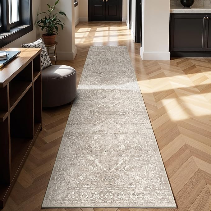Washable 3x14 Runner Rug - Non-Slip Vintage Runner Rug for Entryway Low-Pile Medallion Long Rugs for Hallway Waterproof Traditional Runner Rugs Indoor Thin Rug for Kitchen (Beige)