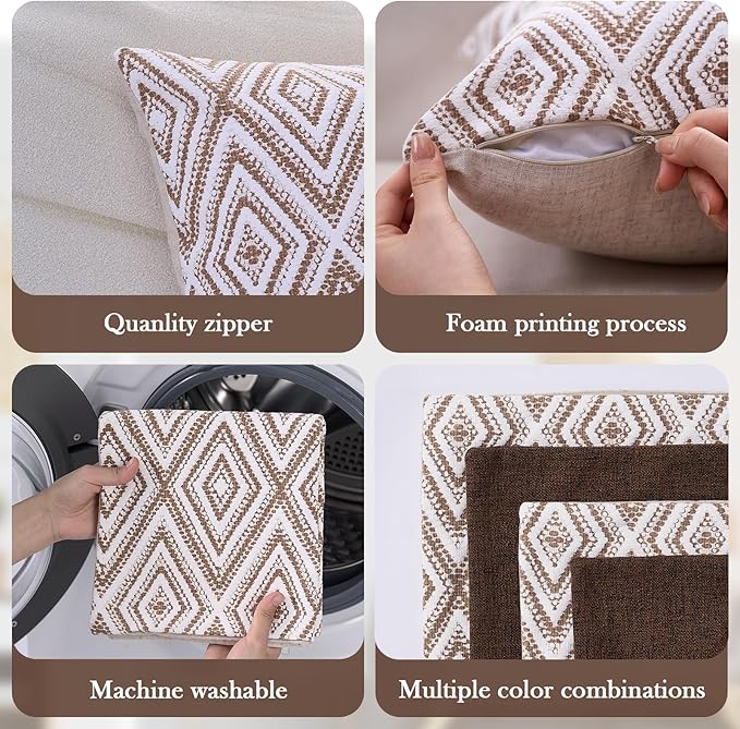 HPUK Decorative Throw Pillow Covers Set of 4 Geometric Design Linen Cushion Cover for Couch Sofa Living Room, 18"x18" inches, Chocolate