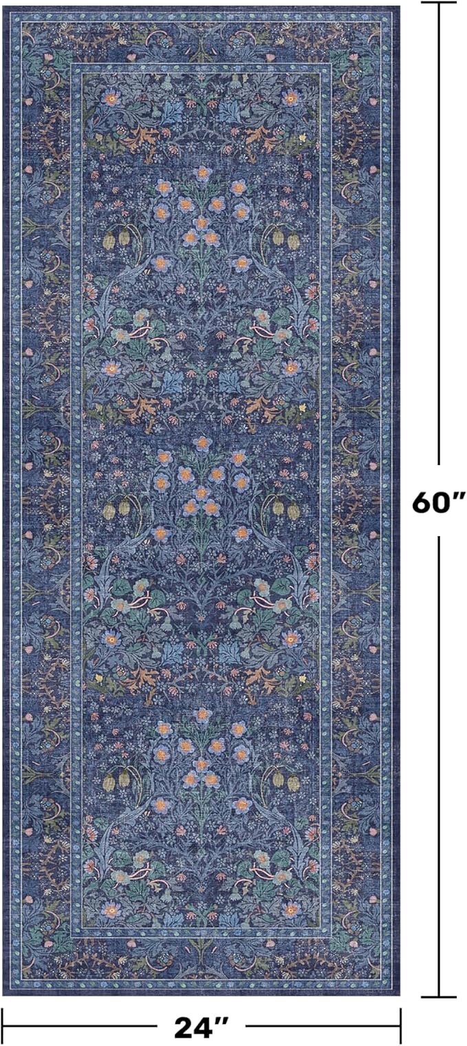 Non Slip Dark Blue 2x5 Runner Rug - Washable Small Throw Rugs for Kitchen, Entryway, Bathroom, Bedroom, Laundry Room, Hallway, Dusky Navy Vintage Oriental Décor
