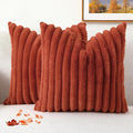 decorUhome Cozy Faux Fur Throw Pillow Covers 26x26 Set of 2 Decorative Soft Plush Striped Modern Farmhouse Boho Couch Euro Sham Pillow Cases with Velvet Back for Sofa Bed Living Room, Rust