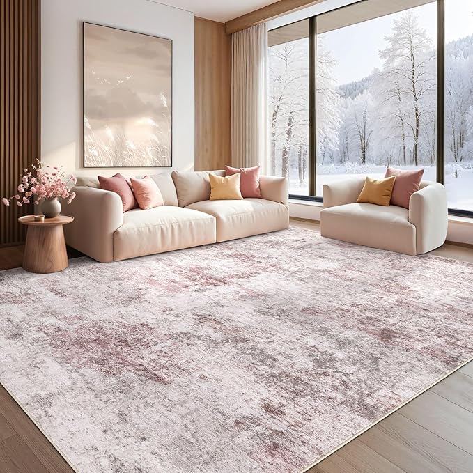 UERMEI 9x12 Area Rug Living Room Rugs - Washable Neutral Modern Abstract Soft Thin Large Rug Indoor Floor No Slip Rug Carpet for Bedroom Under Dining Table Home Office Decor - Pink