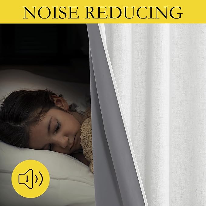 NICETOWN 100% Absolutely Blackout Linen Curtains with Thermal Insulated Liner, Greyish White, 42" Wide, 63" Length Energy Saving Curtains for Classroom 2 Panels Set, Vertical Blinds