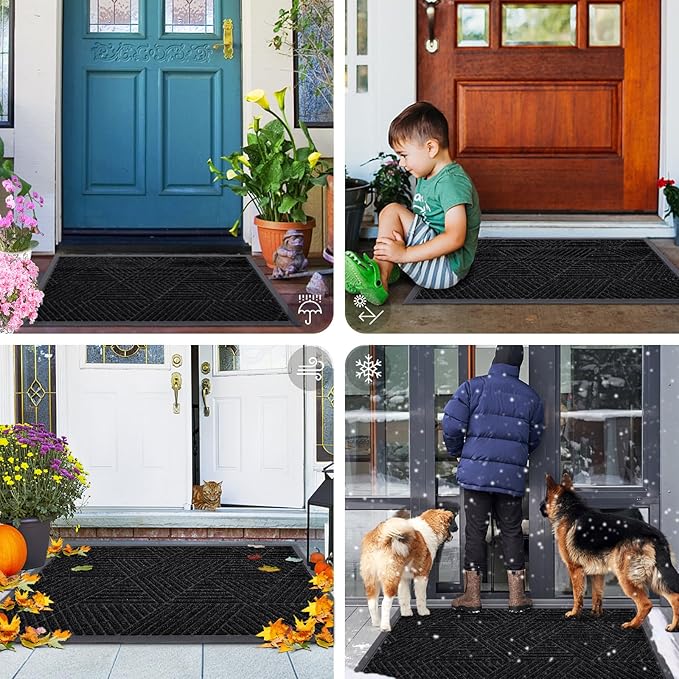 Smiry Front Door Mat Outside Entrance, Heavy Duty Sturdy Natural Rubber Doormat, Trap Dirt and Moisture, Easy Clean Low Profile Welcome Floor Mats for Indoor Outdoor Entry, 71x23 Inch, Black