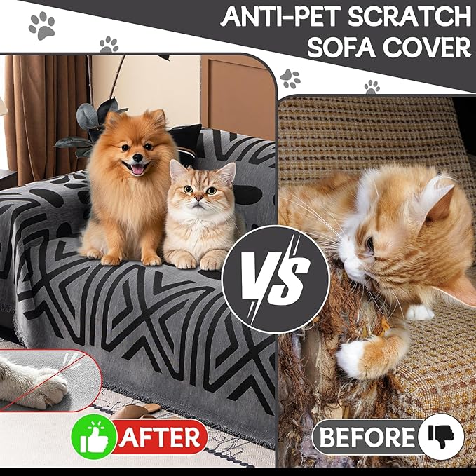 HANDONTIME Boho Couch Cover Blanket Geometric Striped Pet Covers for Couches and Sofas Dark Grey and Black Dog Cover for Couch Pet Friendly Chenille Sectional Sofa Covers for Pets Washable, 71" X150"