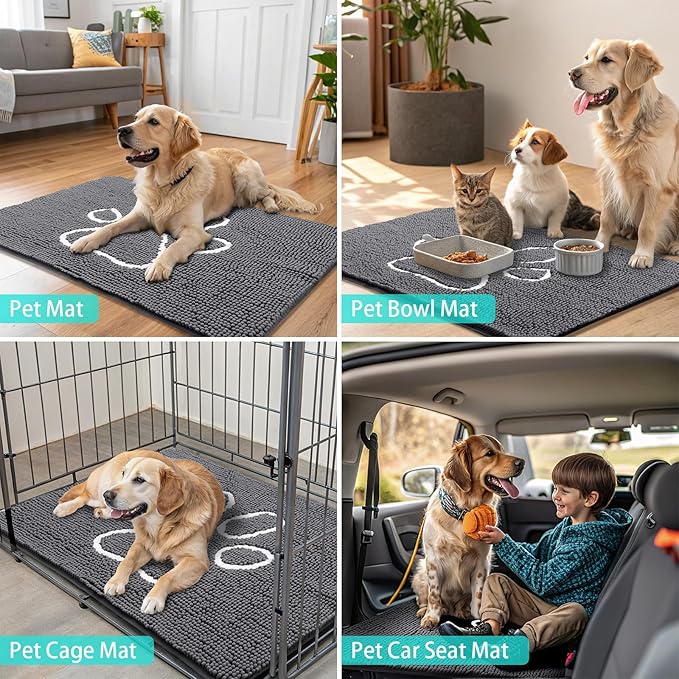 Smiry Dog Door Mat for Muddy Paws, Absorbent Dirt Trapper Non Slip Quick Dry Washable Chenille Mat for Mud Dogs, Entry Rug for Indoor and Outdoor (40x24 Inches, Dark Grey and White)