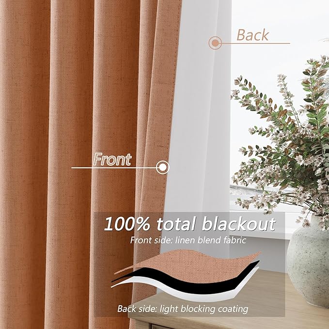 Guken 100% Blackout Curtains 120 Inch Length 2 Panels Set for Living Room Bedroom Back Tab Thermal Insulated Black Out Linen Drapes Room Darkening Peach Quartz,52x120