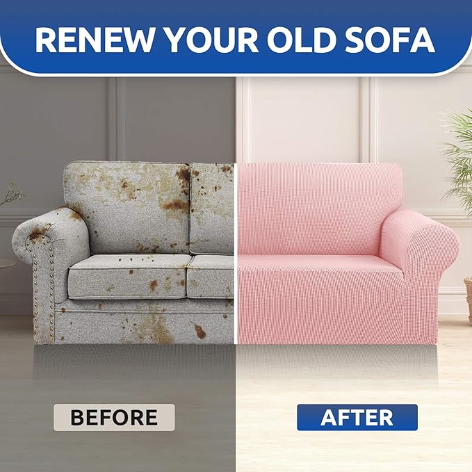KEKUOU Stretch Sofa Cover Slipcover ，Couch Covers for 3 Cushion Couch Sofa pet Friendly (78"-94") Furniture Protector Sofa with Elastic Bottom for Kids,Dog, Jacquard Small Checked(Large,Dusty Pink)