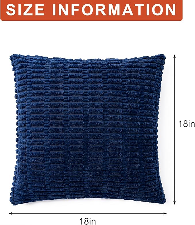 Pack of 2 Corduroy Decorative Throw Pillow Covers 18x18 InchSoft Boho Striped Pillow Covers Modern Farmhouse Home Decor for Sofa Living Room Couch Bed（Blue）