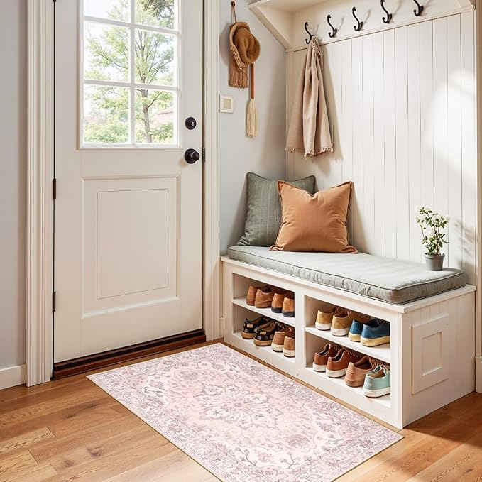 RELEANY Area Rugs 2'x4' Kitchen Rugs Entry Rug Small Rugs for Entryway Kitchen Bathroom Door Mat Indoor Entrance,Washable Non Slip, Pink Greypink Cute