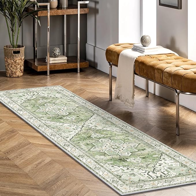 Yamaziot Washable Runner Rug, 2x6 Non-Slip Boho Vintage Hallway Rug Runner with Rubber Backing, Stain Resistant & Low Pile Faux Wool Distressed Carpet Runner for Kitchen, Laundry, Entrance