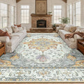 RELEANY Area Rugs 10'x12' Washable Non-Slip, Floral Vintage Distress Print Pattern Medallion Carpet for Living Room Bedroom Dining Room, Light Yellow Carbon Grey Orange