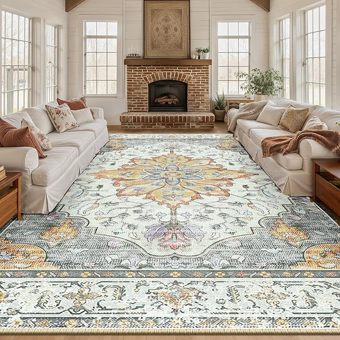 RELEANY Area Rugs 10'x12' Washable Non-Slip, Floral Vintage Distress Print Pattern Medallion Carpet for Living Room Bedroom Dining Room, Light Yellow Carbon Grey Orange