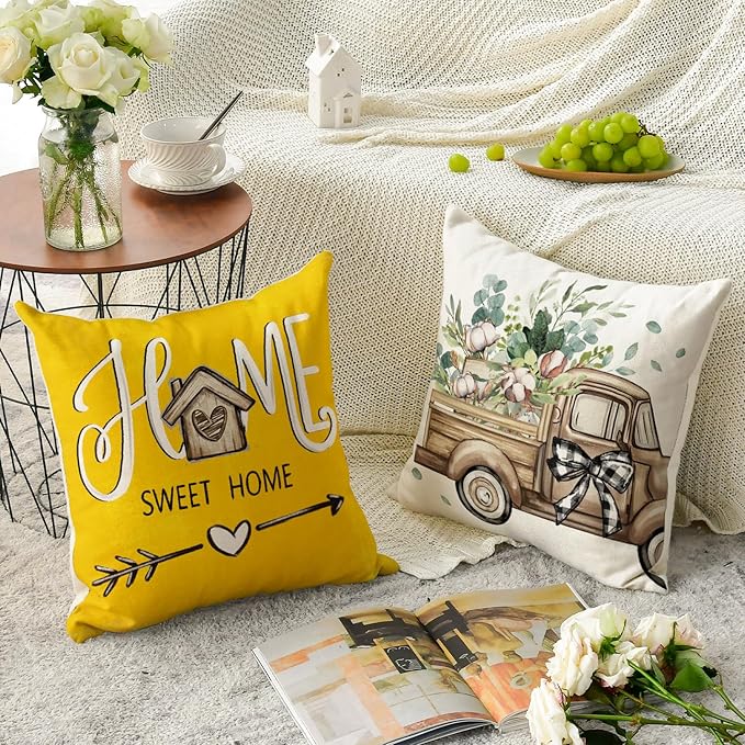 AVOIN colorlife Bless Our Home Farmhouse Eucalyptus Leaves Throw Pillow Covers, 18 x 18 Inch Truck Home Sweet Cushion Case Decorations Set of 4