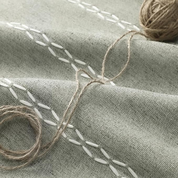 Boho Blackout Curtains 63 Inches Long Sage Green Linen Blend 2 Panels with Tassels and Cotton Embroidery, Farmhouse Vintage Rustic Rod Pocket Drapes for Living Room or Bedroom