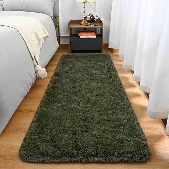 Goideal Fluffy Runner Rug for Bedroom Living Room, 2x6 Olive Green Bedside Rugs, Faux Fur Shag Modern Carpet Ultra Soft Girls Boys Room Home Decor, Solid
