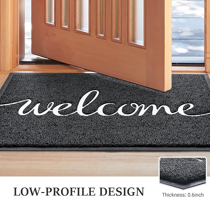 BeneathYourFeet Door Mat, Welcome Mat Low Profile Floor Mat Front Doormat Indoor and Outdoor Doormat Non Slip Rugs for Entryway, Patio, High Traffic Areas (30"x17.5", Black-Welcome)