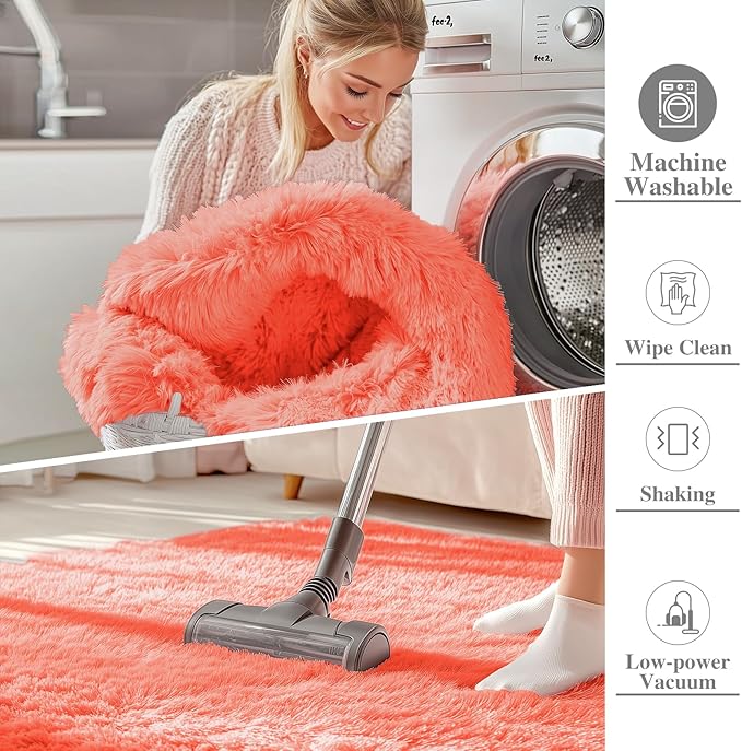 OLANLY 2x8 Machine Washable Runner Rugs for Hallway, Soft Fluffy Shaggy Bedside Rugs for Bedroom, Living Room, Indoor Floor Carpet for Kids Girls and Boys, Home Decor Aesthetic, Coral Red