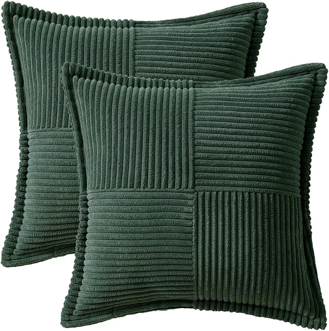 MIULEE Decorative Throw Pillow Covers for Couch Bed Livingroom 18x18 Inch Set of 2 Dark Green Boho Accent Throw Pllows Broadside Striped Patchwork Soft Corduroy Pillowcases