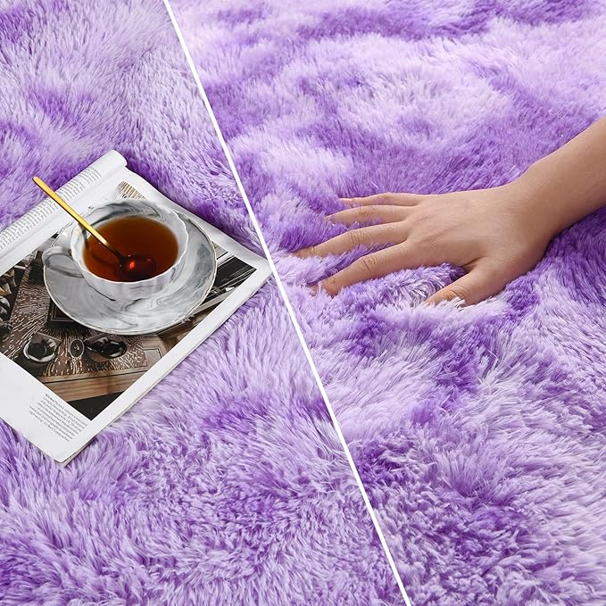 Deerhoo Large Shag Area Rugs 8 x 10, Tie-Dyed Plush Fuzzy Rugs for Living Room, Ultra Soft Fluffy Furry Rug for Bedroom, Indoor Carpet Nursery Rugs for Kids Room Home Decor, Purple