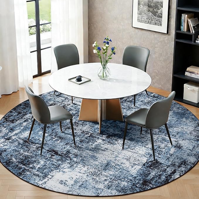 Rugflix Round Area Rugs 8Ft for Living Room, 8x8 Washable Rug Stain-Resistant Low Pile, Modern Dark Carpet for Dining Room Home Office Kid Room Nursery Bedroom, Navy Blue/Black