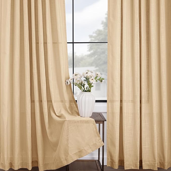 Tan Linen Curtains 72 inches Long for Living Room Back Tab Rustic Farmhouse Semi Sheer Light Filtering Window Curtain Dining Room Soft Thick Flax Linen Textured Drapes Kahki 52x72