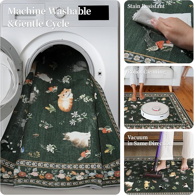 2'6"x8' Washable Kitchen Runner Rug - Soft Low Pile Floral Animal Cat Print Rugs with Non-Slip Backing Waterproof Stain-Resistant Indoor Carpet for Hallway Entryway Bathroom Bedroom (Sage Green)