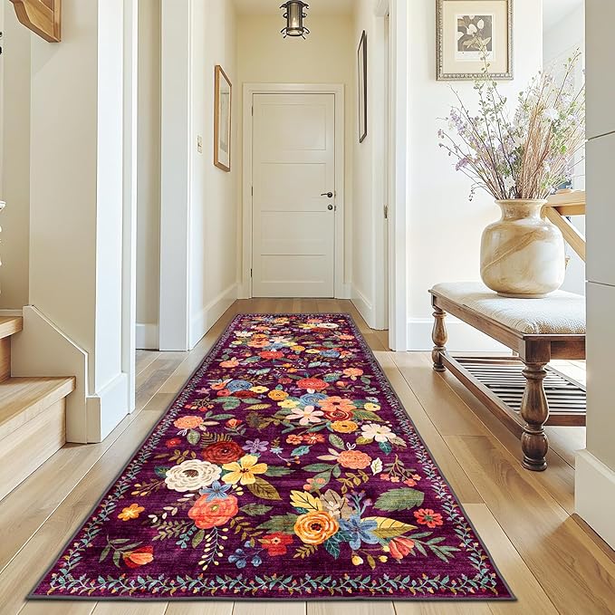Rug for Hallways Kitchen Rug 3x7, Non Slip Washable Rugs with Rubber Backing Soft Floral Carpet Runner for Hallways, Kitchen, Laundry, Bedroom, Bathroom(3 x 7, Purple)