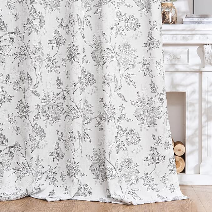 jinchan Linen Floral Curtains for Living Room, 84 Inch Length Curtains with Printed Flower Light Filtering Curtain, Rod Pocket Back Tab Gray Window Curtain Set, 2 Panels Light Grey on White