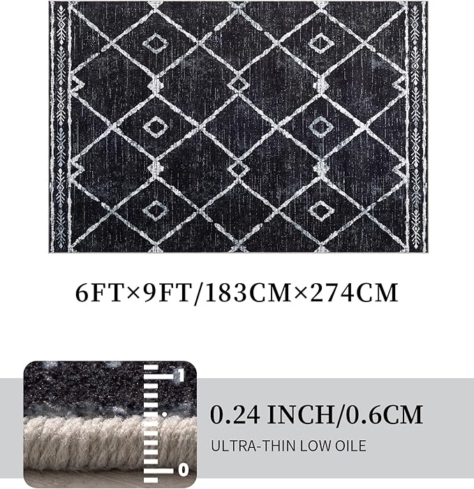 YIHOUSE Moroccan Rugs for Living Room, 6x9 Black and White Aztec Area Rug, Western Geometric Soft Low-Pile Washable Rugs for Bedroom, Dining Room
