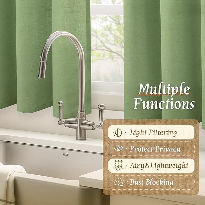 LAMIT 54 Inch Linen Curtains 2 Panels, Soft Faux Linen Light Filtering Panels Rod Pocket Farmhouse Privacy Drapes for Small Window/Loft Room, 42 x 54 Inch, Green
