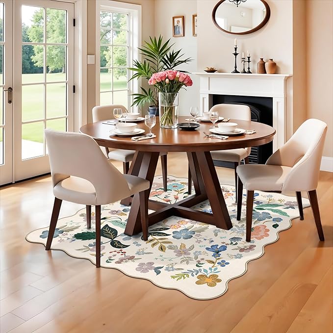 Washable 4x4 Square Area Rug: Floral Scalloped Soft Rugs for Living Room Bedroom Non Slip Bathroom Nursery Floor Mat Water Resistant Low Pile Carpet for Kitchen Entryway (4x4,Cream)