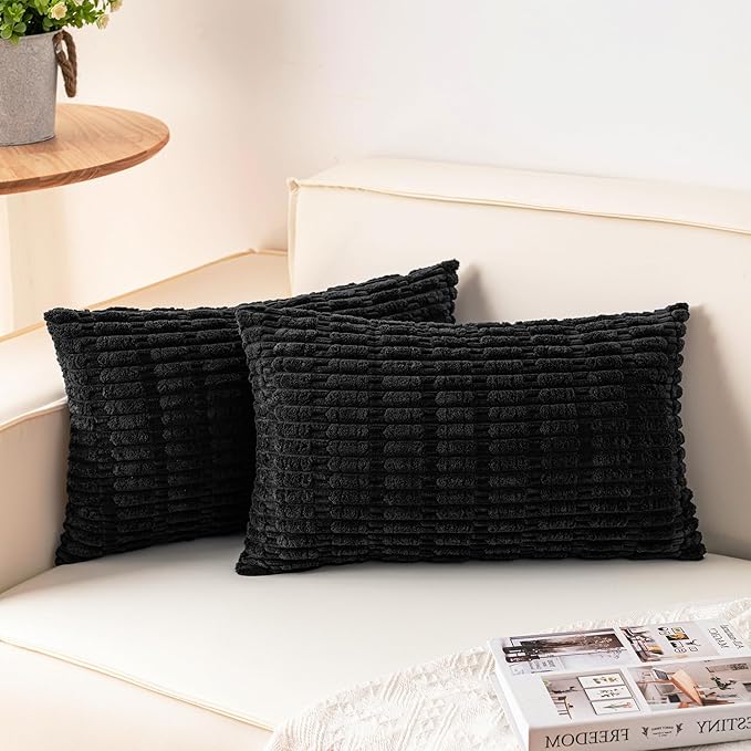 Pack of 2 Corduroy Decorative Throw Pillow Covers 12x20 Inch Soft Striped Pillow Covers Modern Farmhouse Home Decor for Sofa Living Room Couch Bed（Black）