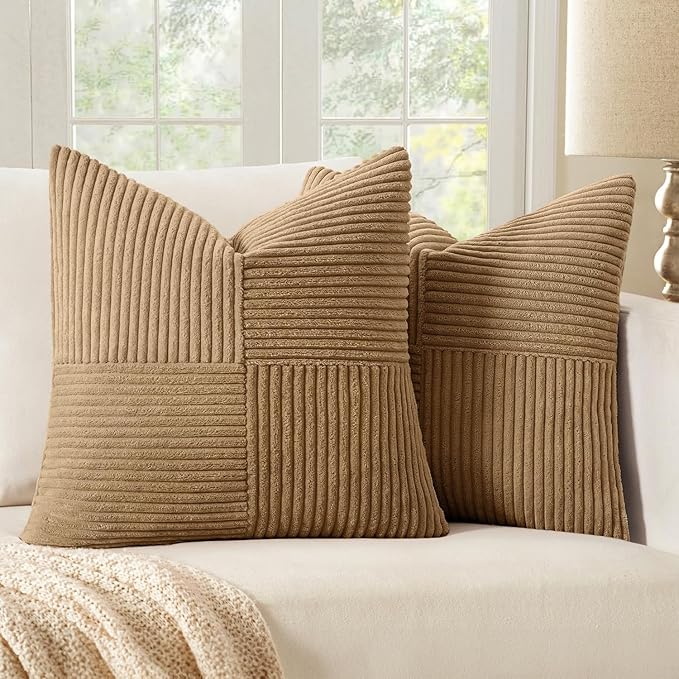 MIULEE Brown Decorative Throw Pillow Covers 18x18 Inch for Couch Bed Sofa Pack of 2 Boho Farmhouse Throw Pillows Soft Cross Corduroy Patchwork Textured Cushion Cases