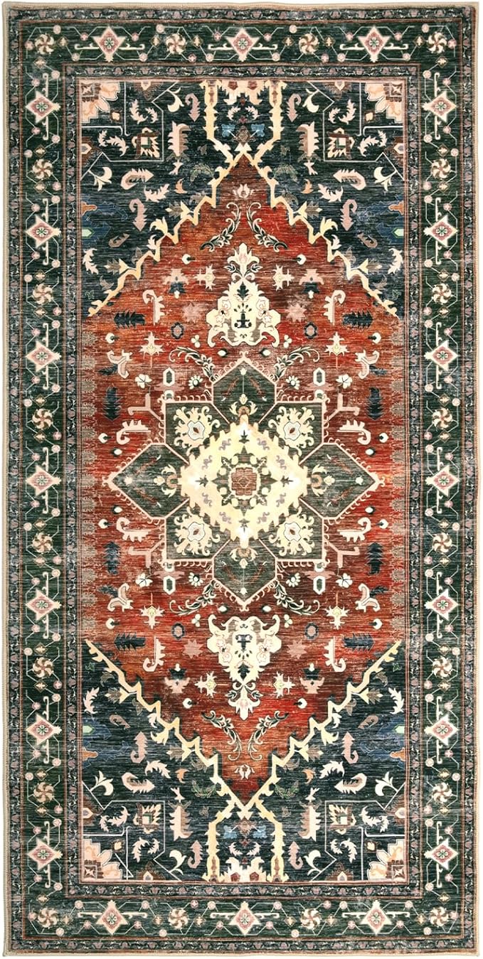 Yamaziot Washable Runner Rug, 3x6 Non-Slip Boho Vintage Hallway Rug with Rubber Backing, Low Pile Faux Wool Distressed Carpet Runner for Bedroom, Kitchen, Laundry, Entrance
