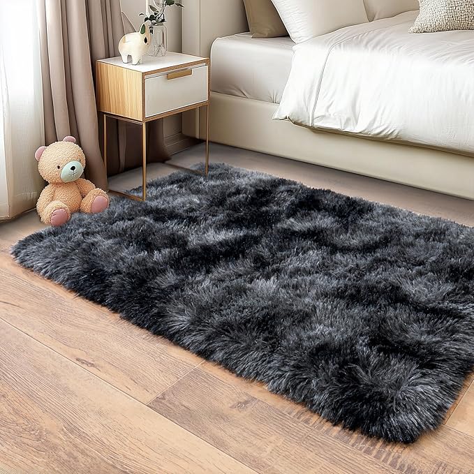 Pionblank Fluffy Small Rug for Bedroom 2x3 Feet, Shag Soft Area Rug, Modern Plush Carpet, Furry Cute Bedside Rug for Kids Girls Boys Room Nursery Decor, Dark Grey